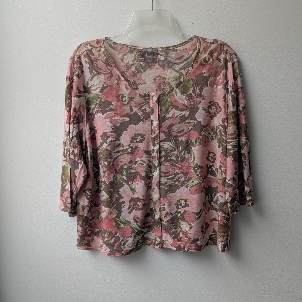 J. Jill Button Up Top Brown Pink Floral Pima Cotton 3/4 Sleeve XL Petite Soft